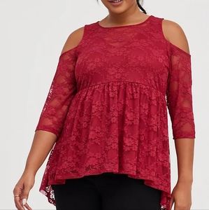 Torrid Size 0 Red Stretch Lace Babydoll Cold Shoulder Top